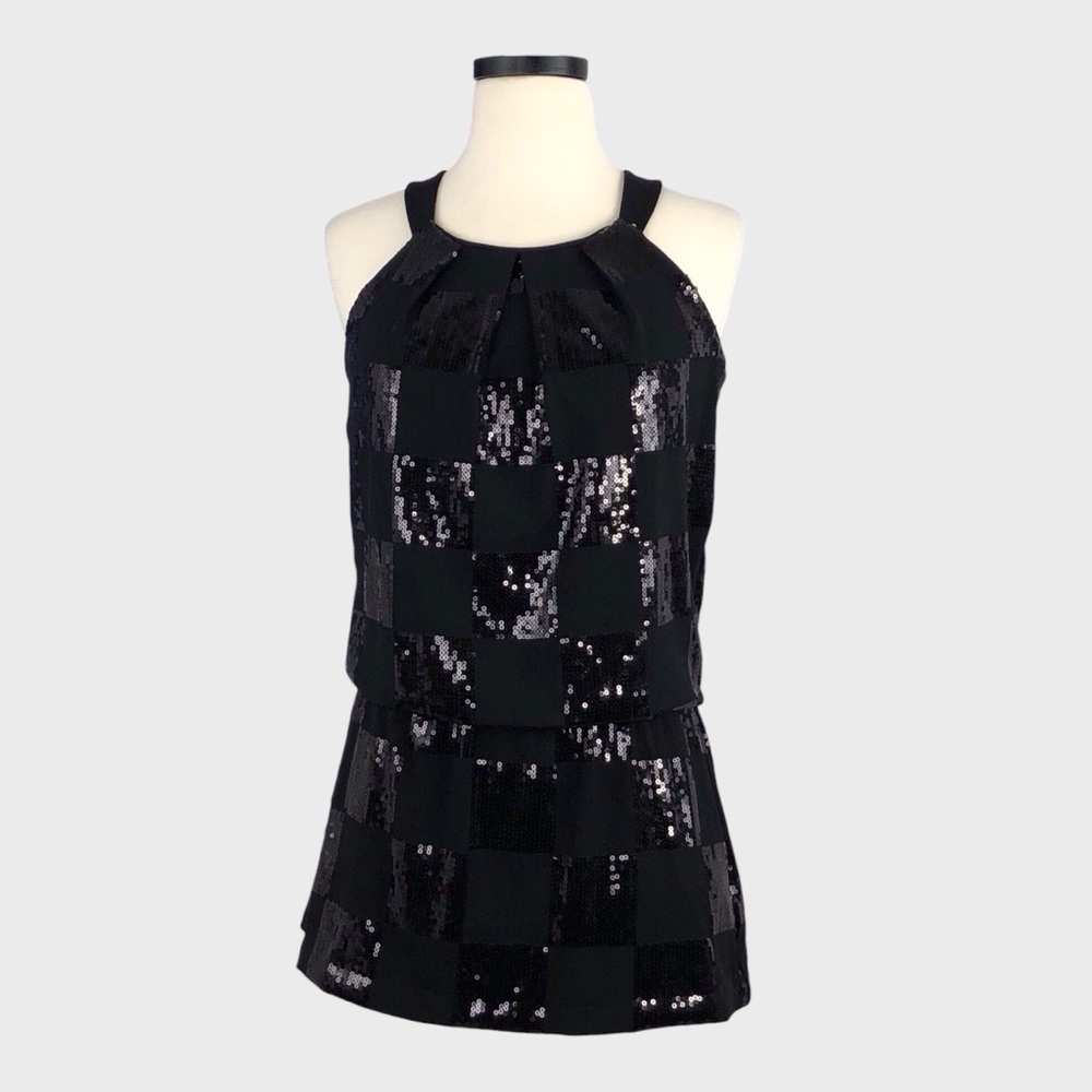 White House Black Market Sequin Check Blouson Tunic Top